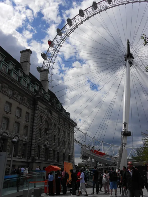 A Ferris wheel rising above a row of buildings.