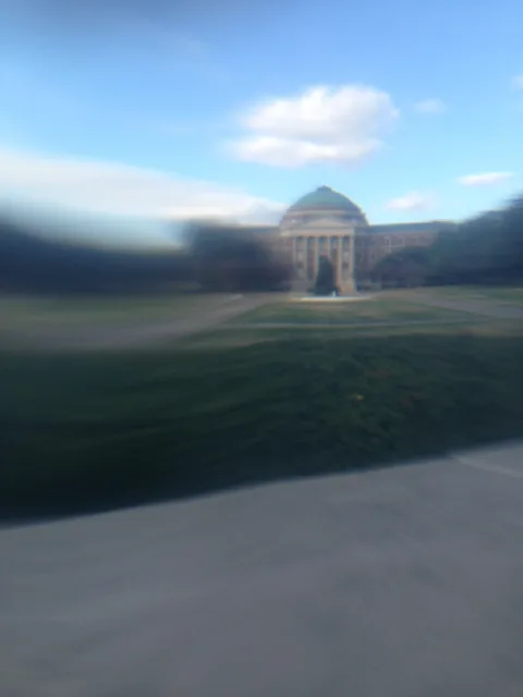 A domed building across a lawn framed by translucent edges.