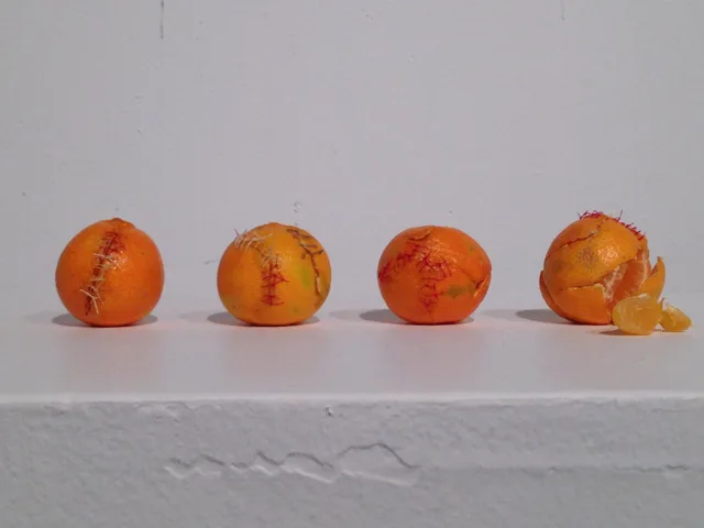 Four oranges with stitched peels arranged in a row on a white shelf.