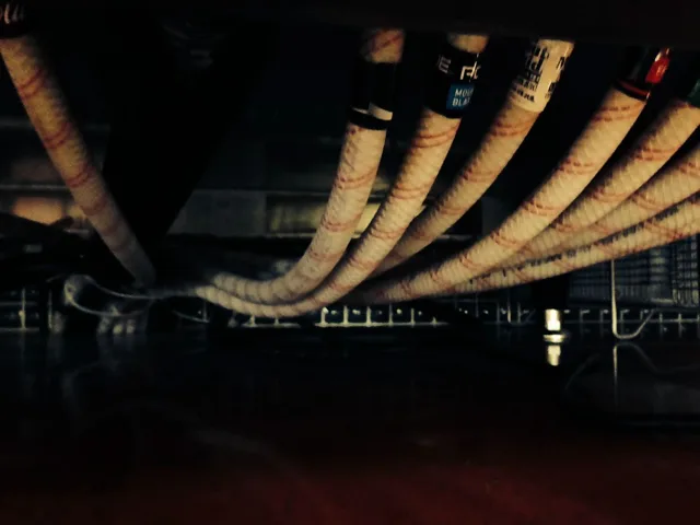 A row of curved pipes against a dark ceiling.