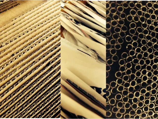 A collage of repeated straws and narrow cylindrical forms.