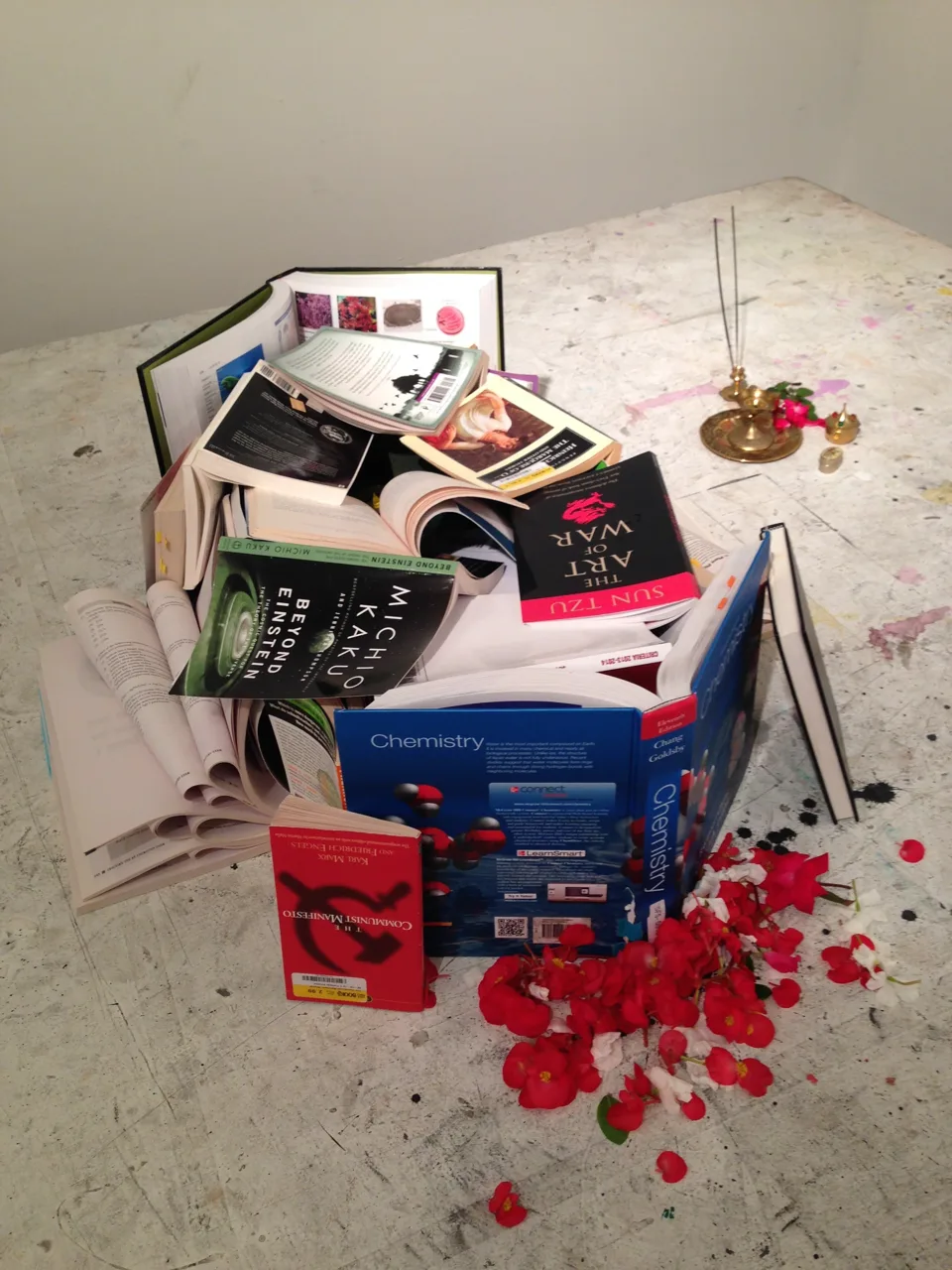 Books, framed images, and objects arranged on a floor with scattered red petals.