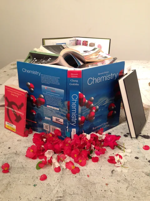 A blue box among books and petals in a floor installation.